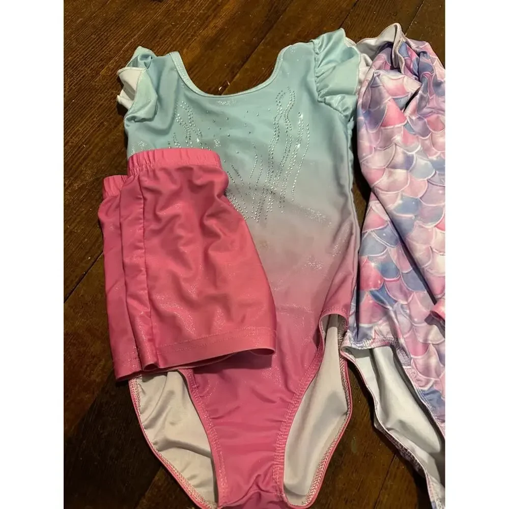Girls Gymnastics Leotards Lot - Sizes 6 & 8 with Shorts (Mermaid & Ombre Styles)